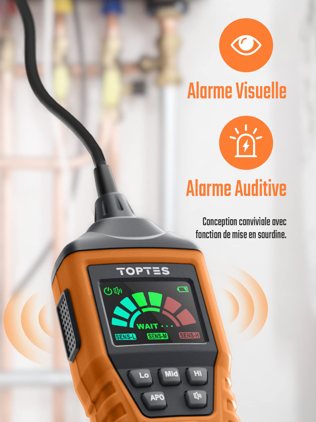 Détecteur de Gaz Naturel, TopTes PT520A Détecteur de Fuites de Gaz avec Une Sonde Flexible de 43,5 cm, pour Les Fuites de Gaz comme Le Propane, Le Gaz Naturel, Le Méthane (3 Piles Incluses) - Orange