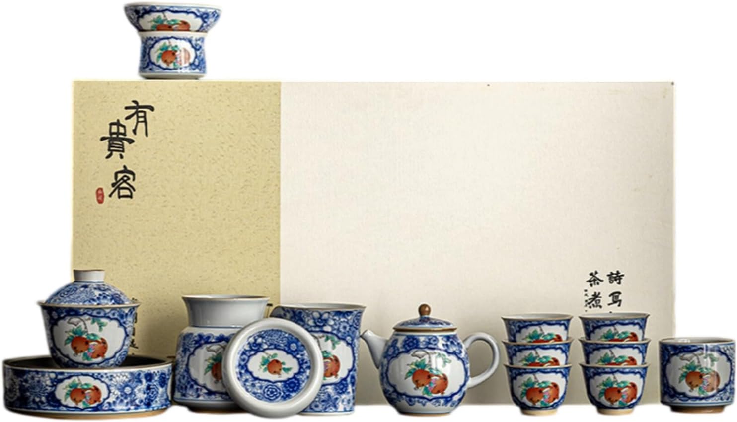 青花开窗仿古功夫茶具套装中式家用陶瓷 Ceramic Kung Fu Tea Set,teapot,Teacups,warming Wedding Birthday Gift,Tea Tray Chinese,Dishwasher Safe 开窗-青花多福石榴14件套礼盒