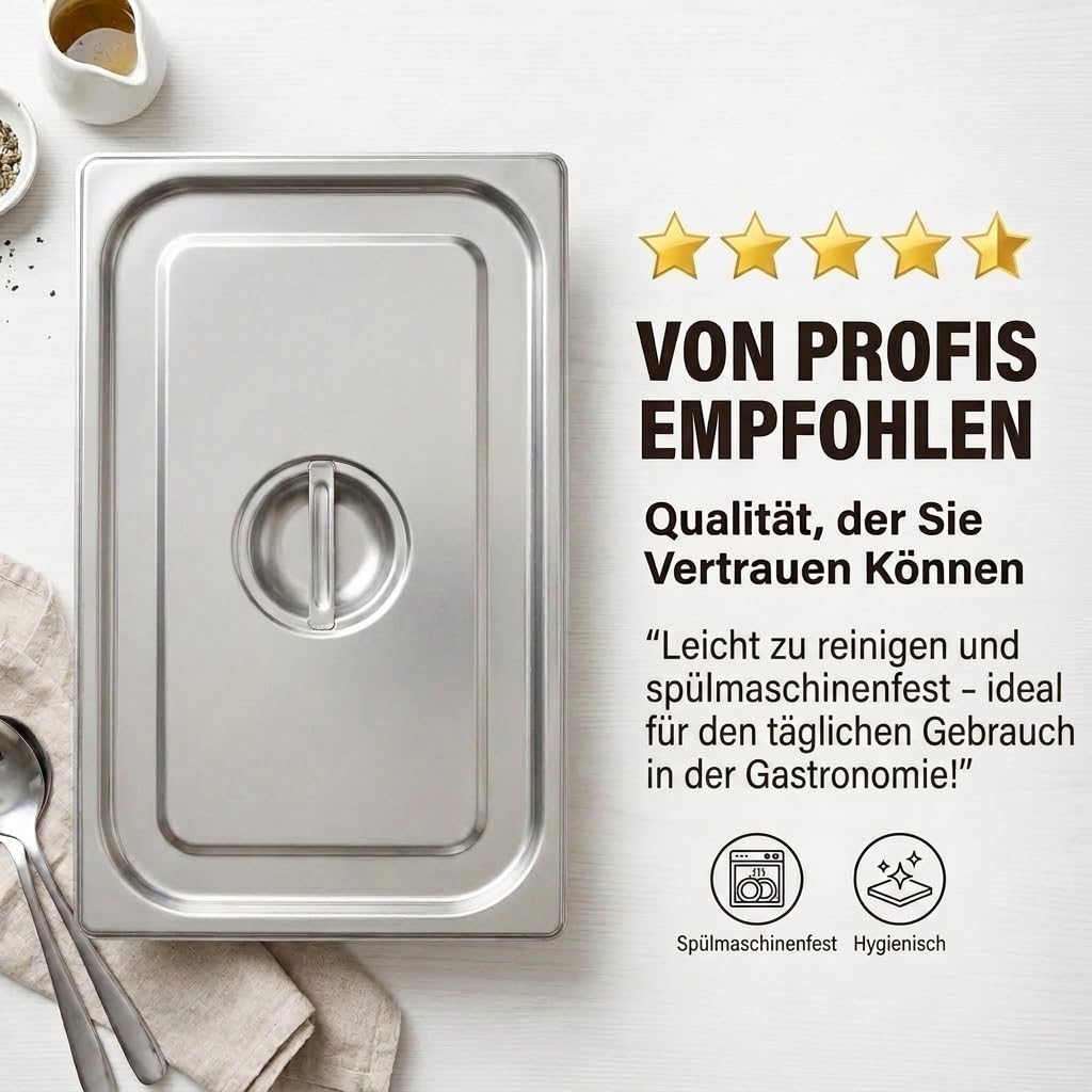 GN 1/1 Deckel Gastronormbehälter aus rostfreiem Edelstahl 530 x 325 mm | stapelbar & rostfreier GN Behälter | Gastronomie-, Event- & Catering Zubehör aus robusten 0,7 mm Stahl