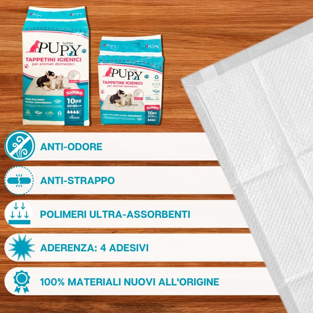 PUPY Jumbo - 200 tappetini igienici per cani con Polimeri Ultra-Assorbenti. Traversine Cani 60x90 Monouso e Anti-Odore, Traverse Cani con 4 Lati Super-Adesivi (60x90, 200)