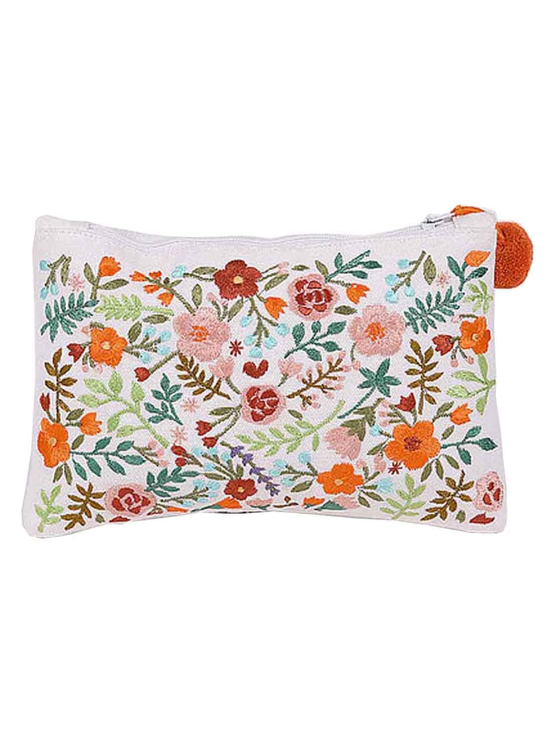 INIHOMSpring Valley Embroidered With Pom Pom Attached Cotton Pouch for Women and Girls