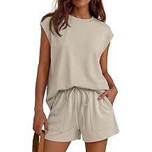 Womens Crew Neck Cap Sleeve Drawstring Two Piece Summer short Sets Sweatsuit with Pockets