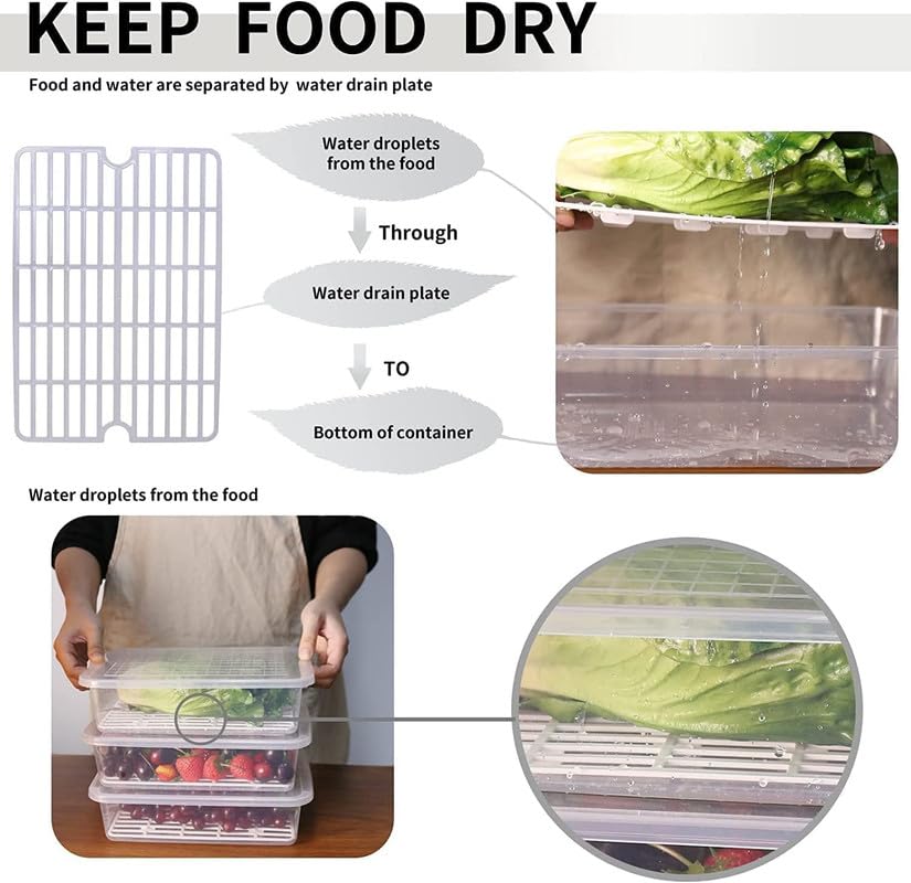 Image of Raawan Fridge Storage Boxes - Stackable Food Storage Containers | Removable Drain Plate & Lid | Durable Fridge Organizer to Keep Food Fresh Longer | Ideal for Fruits, Vegetables | 2500ml Pack of 6