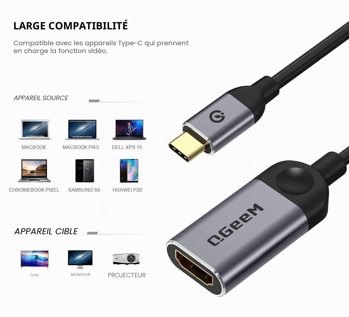 Câble Adaptateur USB C vers HDMI 4K, QGeeM Adaptateur Thunderbolt 3 vers HDMI Compatible pour MacBook Pro 2019/2018/2017 MacBook Air/iPad Pro 2018 Surface Book 2, Dell XPS 13/15 Samsung Galaxy S10/S9