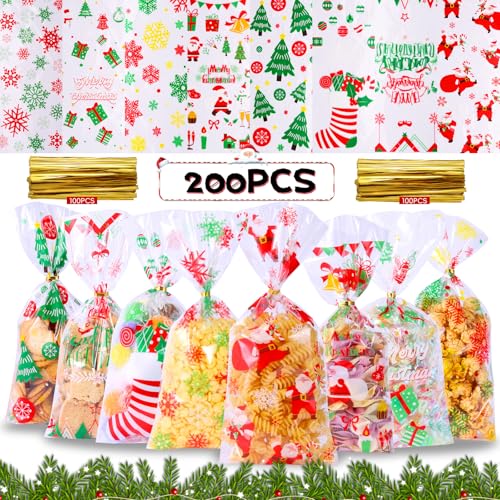 200 Pcs Christmas Cellophane Candy Bags Xmas Clear Treat Sweet Goody Bags with 200pcs Twist Ties for Christmas Party Supplies