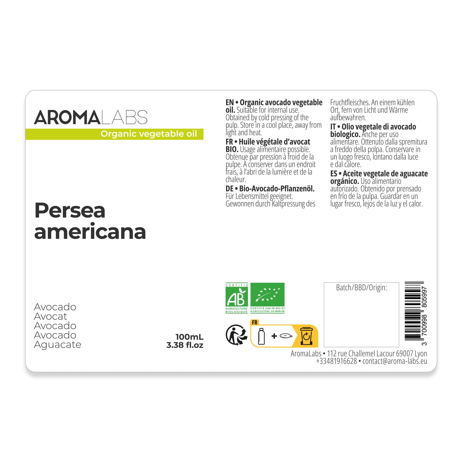 Aceite de Aguacate BIO 100 mL Aceite Vegetal Virgen Certificado AB Aroma Labs
