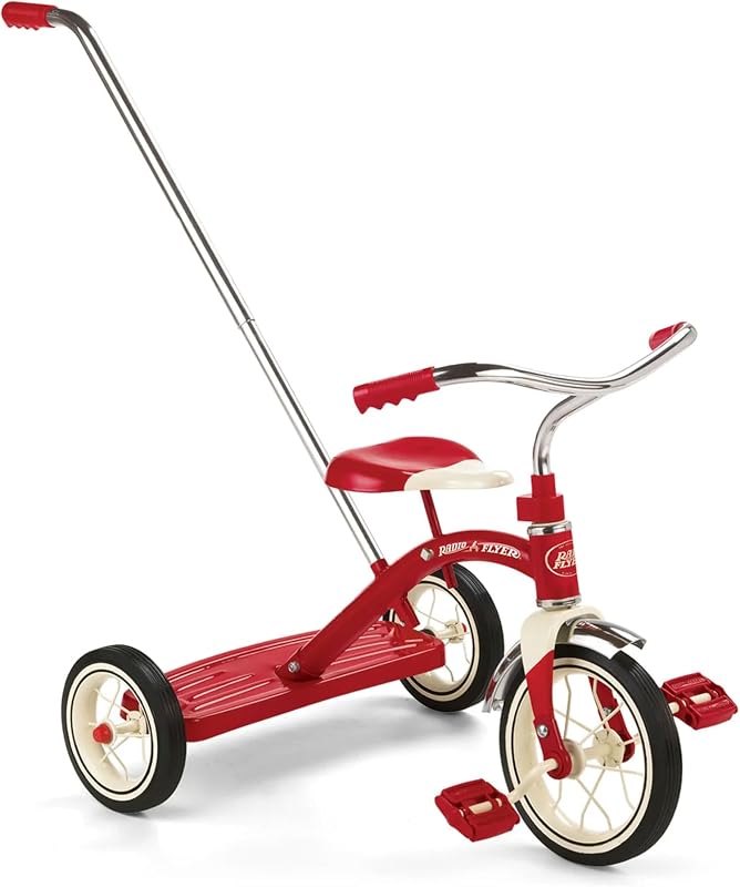 Radio Flyer 34TX Triciclo clásico para niños principiantes con marco de acero, rueda delantera de 10 pulgadas, asiento ajustable y mango de empuje de 3 posiciones, color rojo
