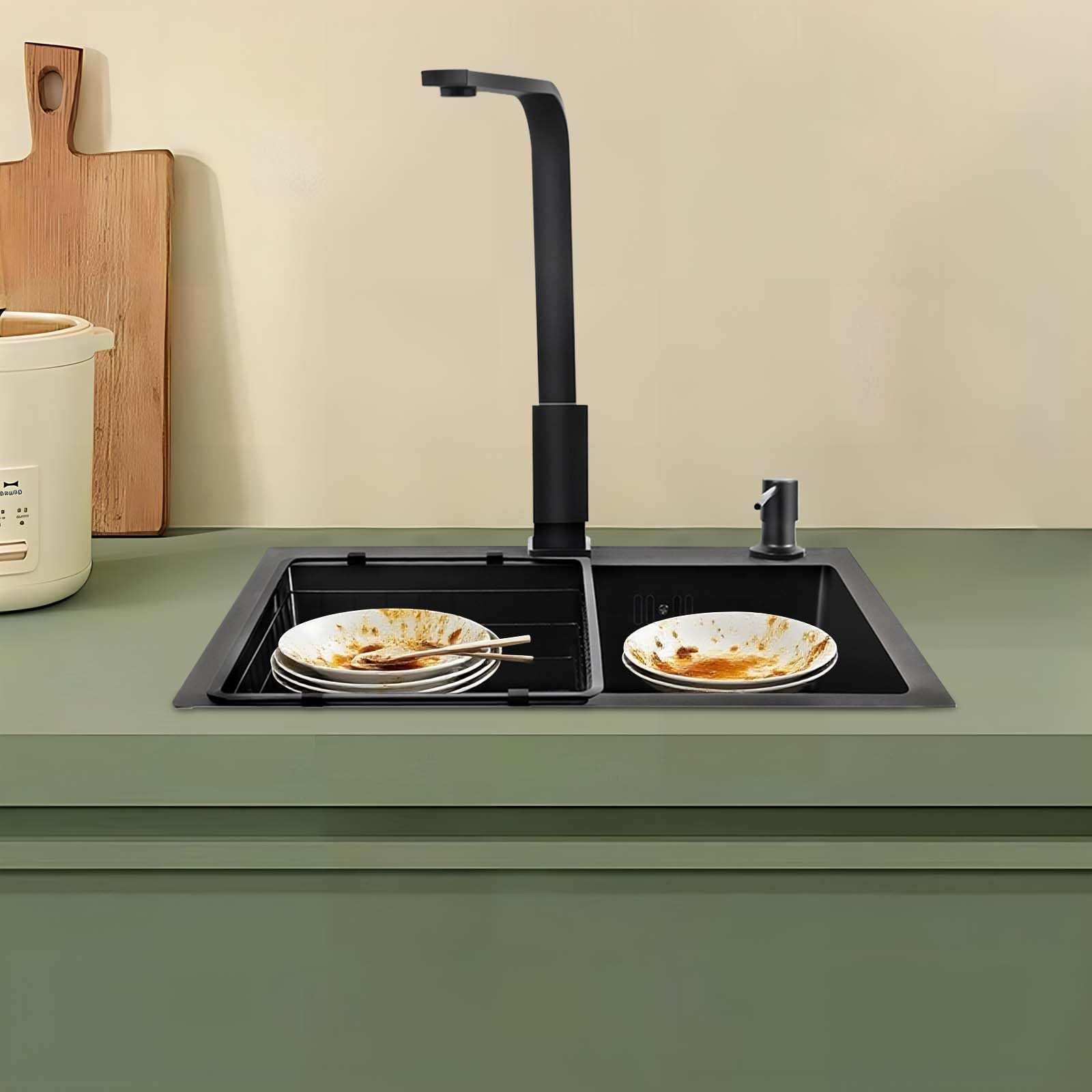 Fregadero de cocina negro de 45 x 40 cm, de acero inoxidable, con grifería, incluye escurridor, dispensador de jabón, grifo giratorio 360°, color negro mate