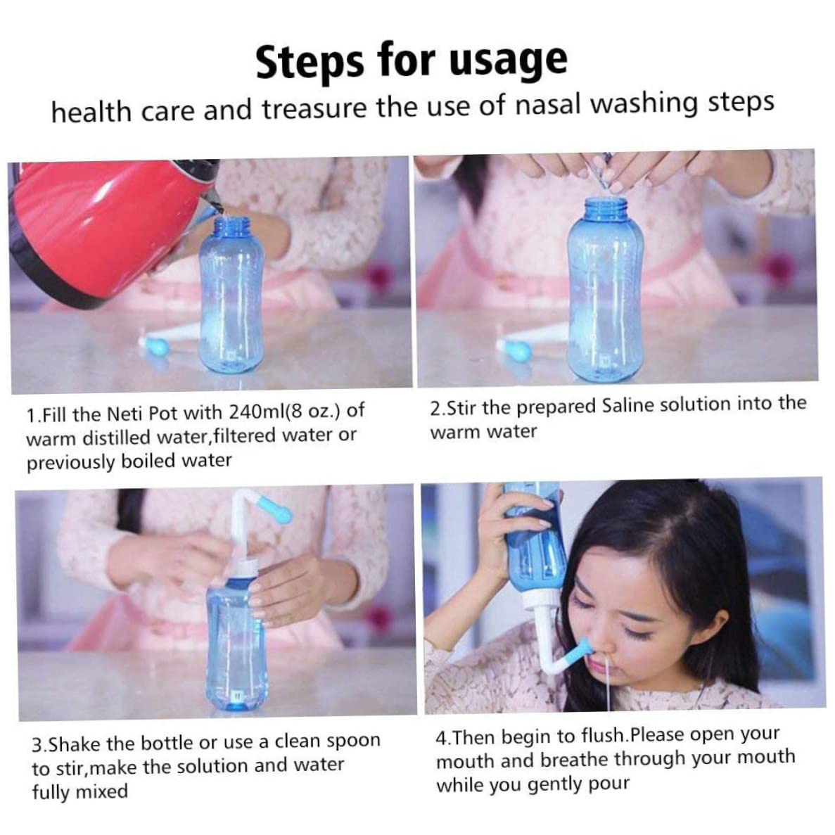 Kit de Rinçage des Sinus Bouteille Nettoyeur Lavage du Nez Irrigation Nasale pour Enfant Adulte