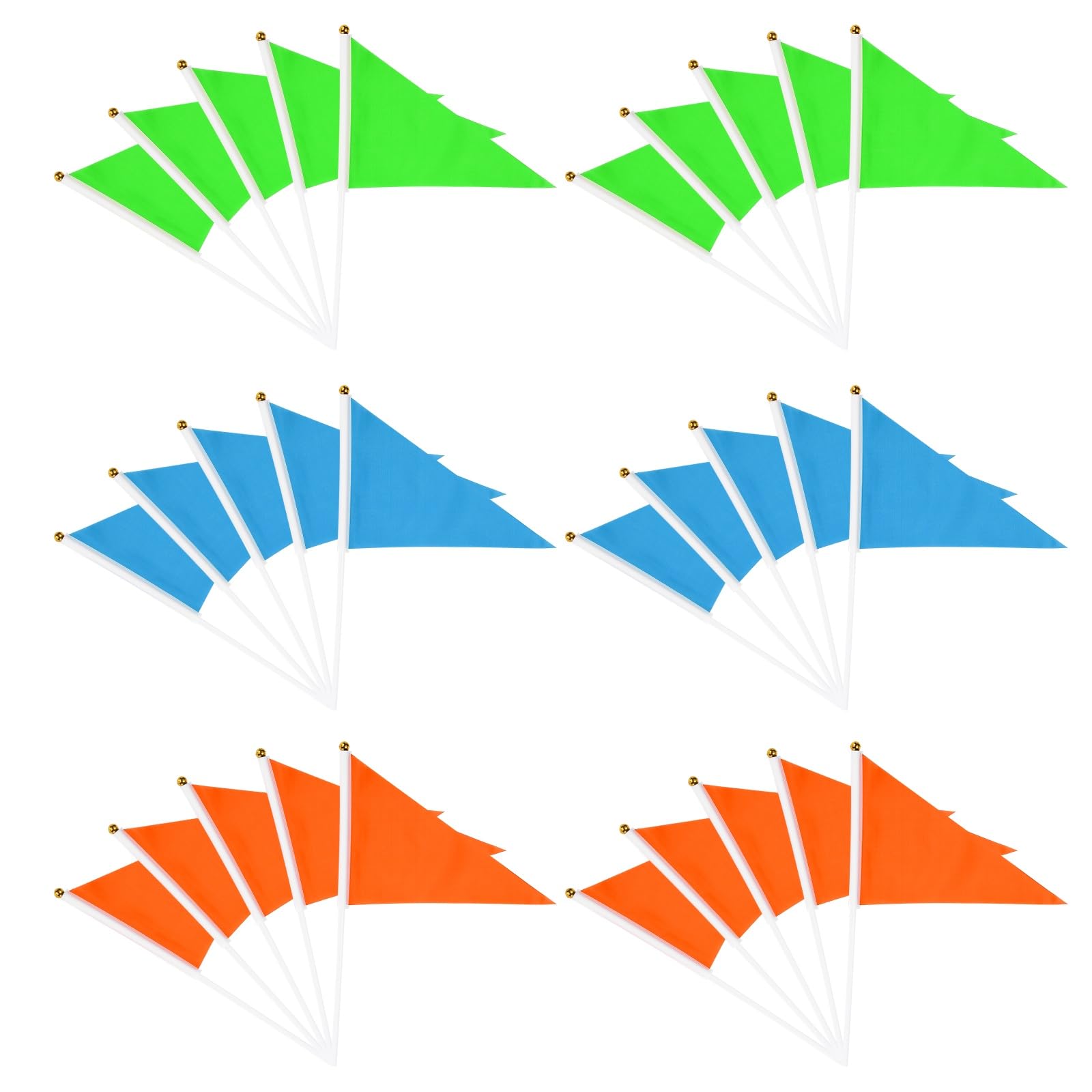YELARXI Handheld Triangle Flag, Pennant Flags on Sticks Flags Small Mini Solid Blank Hand Held 30Pcs & Orange/Blue/Green - Fit for (DIY Graffiti/Cheerleading/Party Events Celebration)