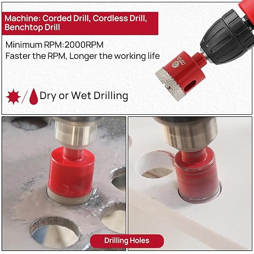 Miniatura 4 de FOCSTOL - Broca de núcleo de diamante de 1-38 pulgadas, 2 piezas de sierra de diamante de 1.378 in con vástago hexagonal para azulejos de porcelana,