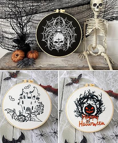 Image of Armindou Halloween Embroidery Starter Kits for Beginners Adults, Stamped Cross Stitch Kit for Adult Beginner, Needlepoint Hand Embroidery Kit with Pattern, 3 Embroidery Hoop, 3 Set Embroidery Supplies