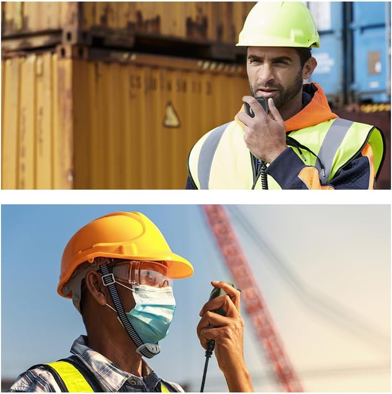 Two images showing individuals using the BAOFENG speaker microphone in professional settings.