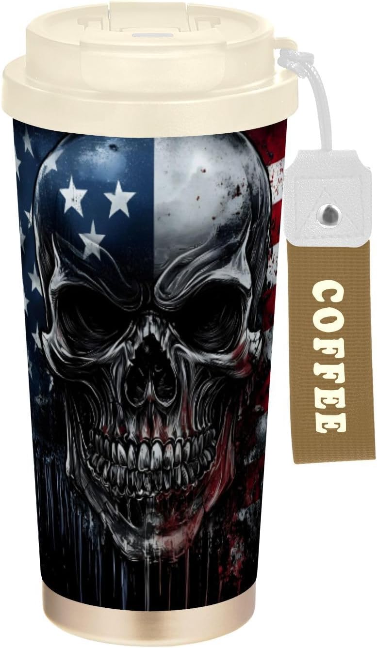 America Flag Skull Insulated Coffee Mug with Straw & Flip Lid, 16.9oz Iced Tumbler Cup, Double Wall Vacuum Leak-Proof Mug for Travel Office