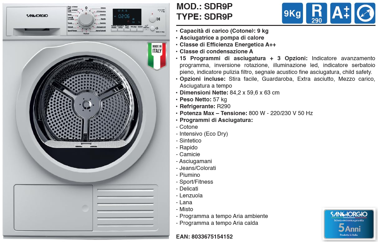 SANGIORGIO SDR9P - Asciugatrice con Pompa di Calore, 9 kg, Caricamento Frontale, Classe energetica A++