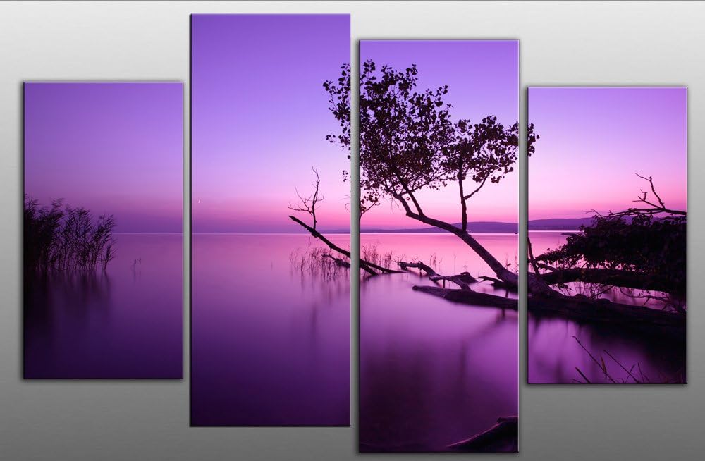 Large Purple Toned Sunset Lake Canvas Picture Artwork 4 pieces multi panel split canvas ready to hang, hanging template included for easy hanging, UK company 40โ width 27" height by Canvas Interiors