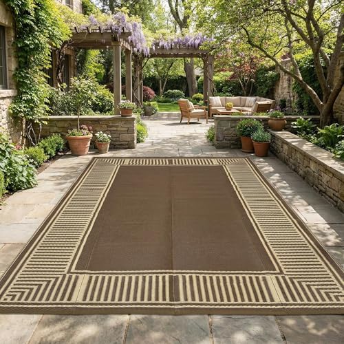 GAOMON Large Outdoor Camping Rug 9x18 Modern Bordered Reversible Outdoor Carpet Foldable Retro Plastic Straw Rug Portable Outside Patio Rugs Floor Mat for Porch, Beach, Balcony, Backyard,Border-Brown