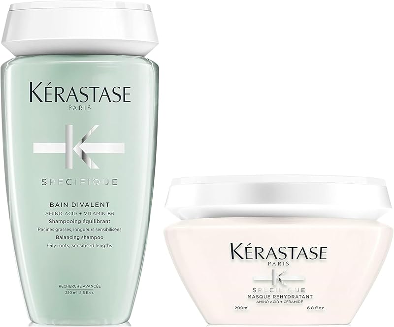 Kerastase Specifique Balancing Shampoo & Rehydrant Hair Mask Set For Oily Scalp and Hair - Cleanses Oil From Roots and Hydrates Dry Strand Ends