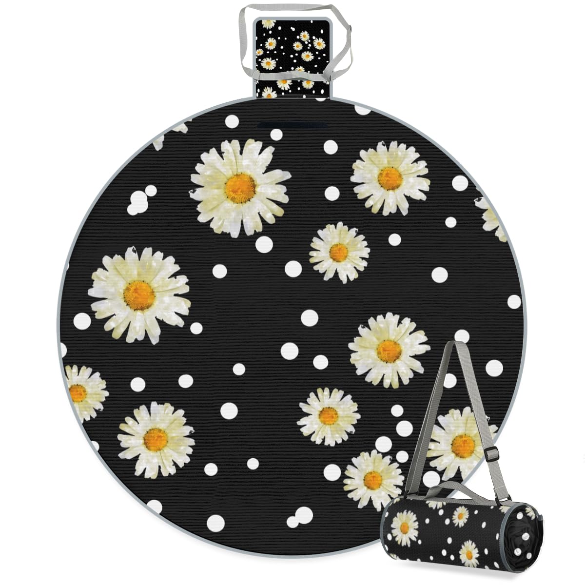 Shimoshe Polka Dot Daisies Picnic Outdoor Blanket Foldable Waterproof Sandproof Beach Blanket Portable Water-Resistant Round Picnic Mat for Travel Camping Park Lawn