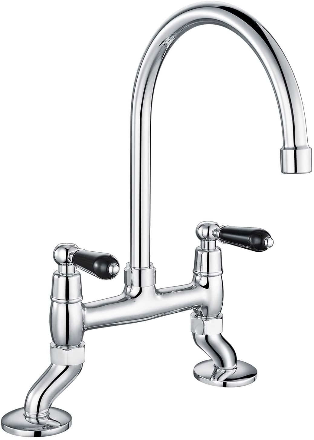 Peppermint Traditional Kitchen Sink Bridge Mixer Tap Dual Black Handle Monobloc Tap Swivel Spout Chrome