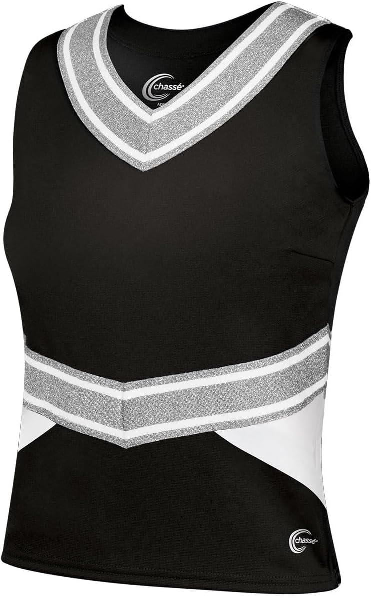 chassé Cheerleading Uniform Top for Girls - Blaze Boost, Fitted V-Neck Shell Top (YS, Black/White/Metallic Silver)