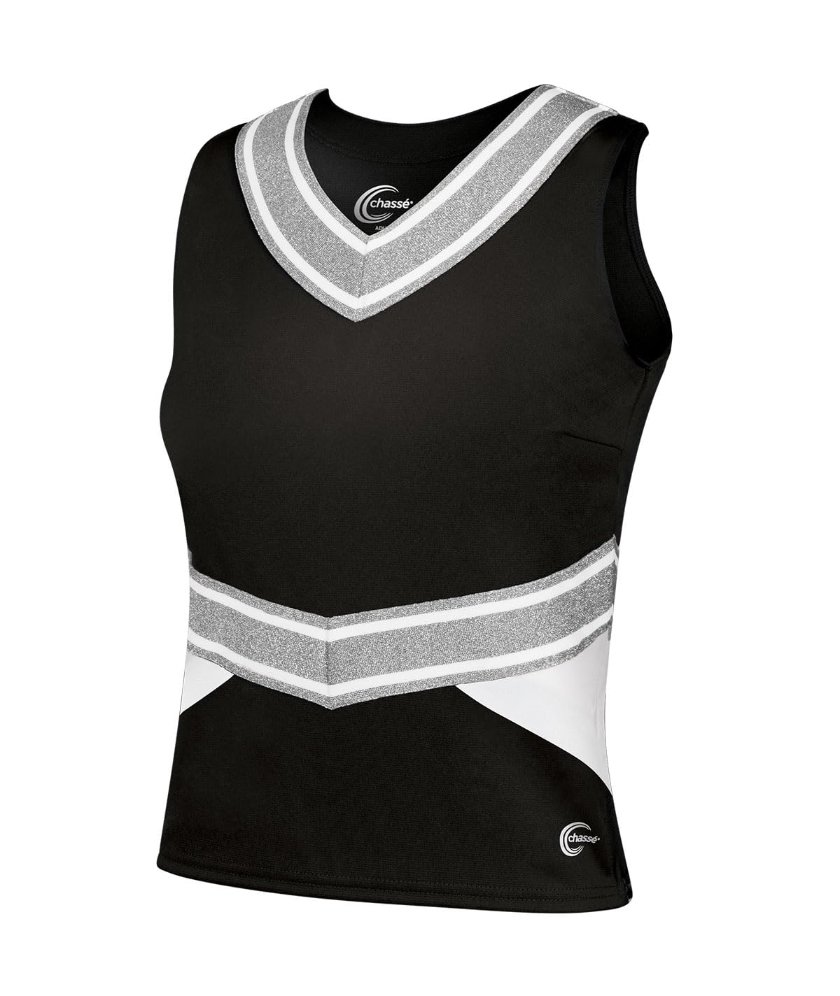chassé Cheerleading Uniform Top for Girls - Blaze Boost, Fitted V-Neck Shell Top (AXL, Black/White/Metallic Silver)