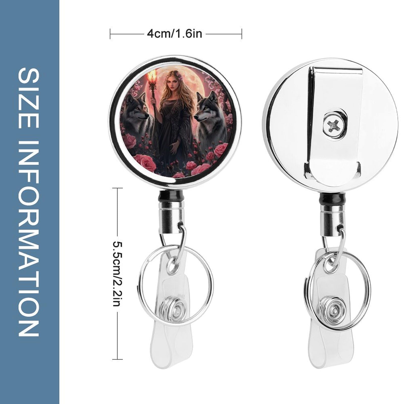 Witchcraft Goddess with Wolf Dogs Retractable Badge Holder Metal ID Name Holder Key Ring with Belt Clip