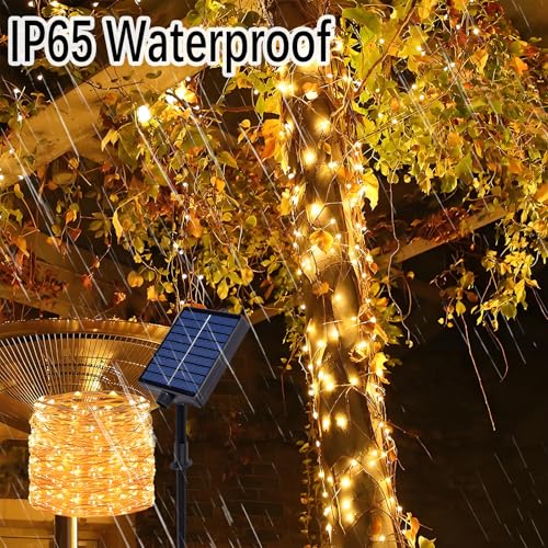 Meision Guirlande lumineuse solaire d'extérieur - 30 m - 300 LED - Fil de cuivre - Avec minuterie + télécommande + 8 modes + IP65 - Résistant aux intempéries - Pour balcon, fête - Blanc chaud – vue 4