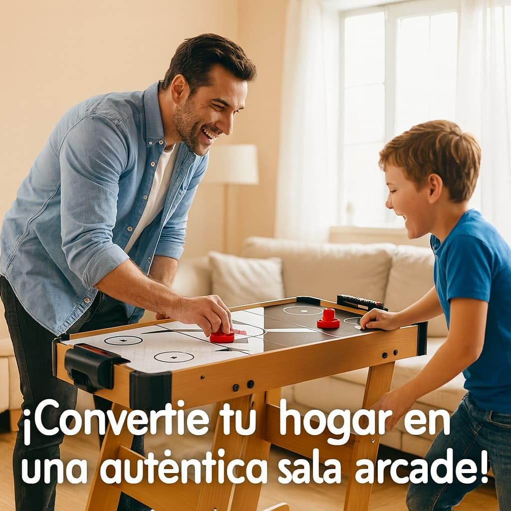 Juego de Air Hockey de Mesa Eléctrico - con Discos y 2 Marcadores Manuales - Juego Arcade para 2 Jugadores +3 años - Estructura Resistente de Madera - Mesa de Aire para Niños y Adultos