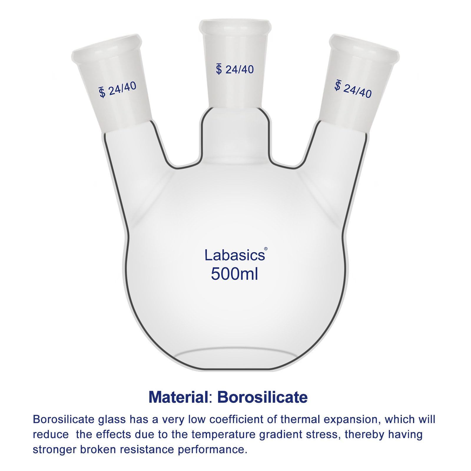 Labasics 3-Hals-Kolben mit Rundboden, Borosilikatglas, 24/40 Schliffe, für Laborexperimente, Destillation und Rückfluss, 500ml