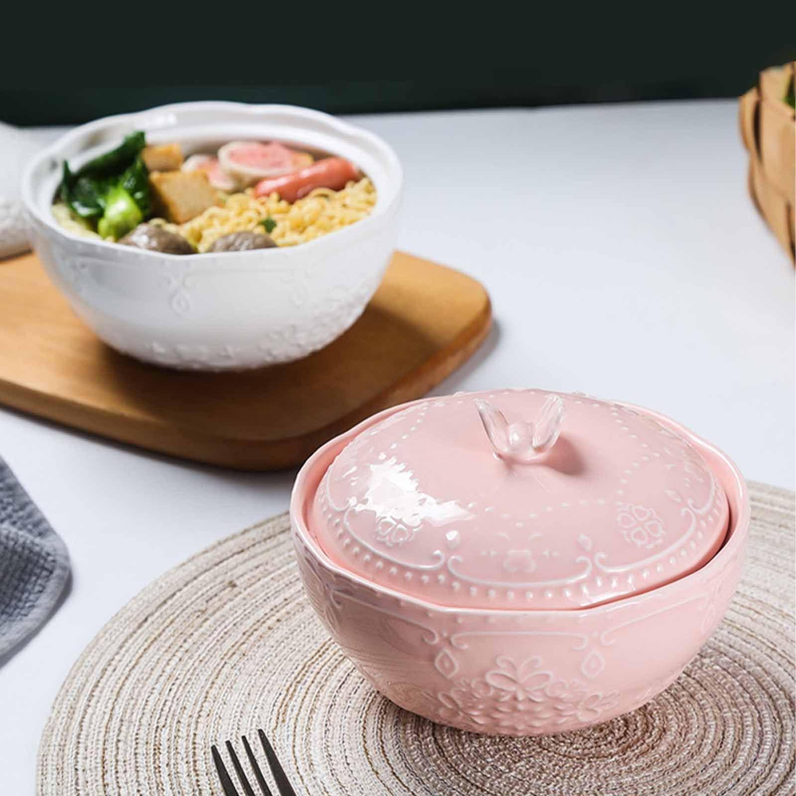 Ciotola da zuppa con coperchio, ciotola bassa, ciotola per noodle, ciotola per ramen in ceramica, ciotole Pho grandi (rosa, 680 g)