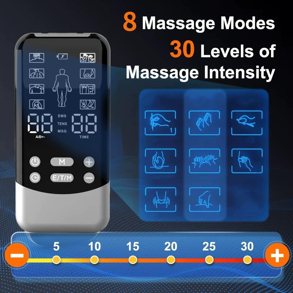 Electrostimulateur Musculaire, 3 en 1 TENS/EMS/Massage Appareil de Stimulation Électrique Avec 24 Modes 30 Intensités, Double Canaux 8 Électrodes Soulagement de la Douleur et Massage