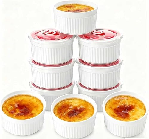 Mfacoy Ramequines con Tapas Juego de 6, Ramequines de 236 ml de Porcelana para Crema Catalana y Soufflé con Cubiertas, Tazas de Pudín de Blanco para
