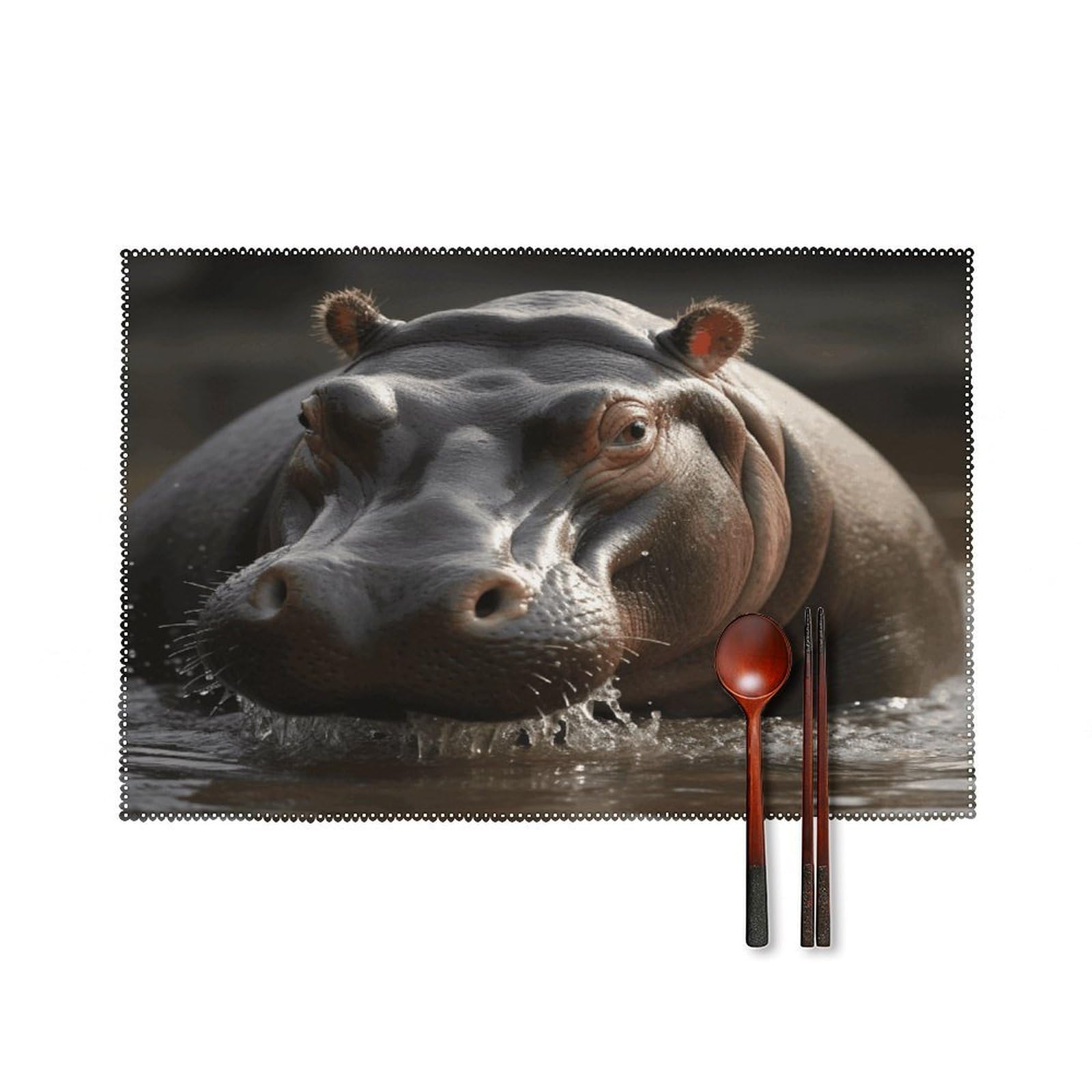 Hippo Placemats Set of 4 Heat Resistant Non-Slip Place Mats Reusable Dining Table Mats Canvas Place Mat Anti-Fading Waterproof Placemats for Dining Table Decor