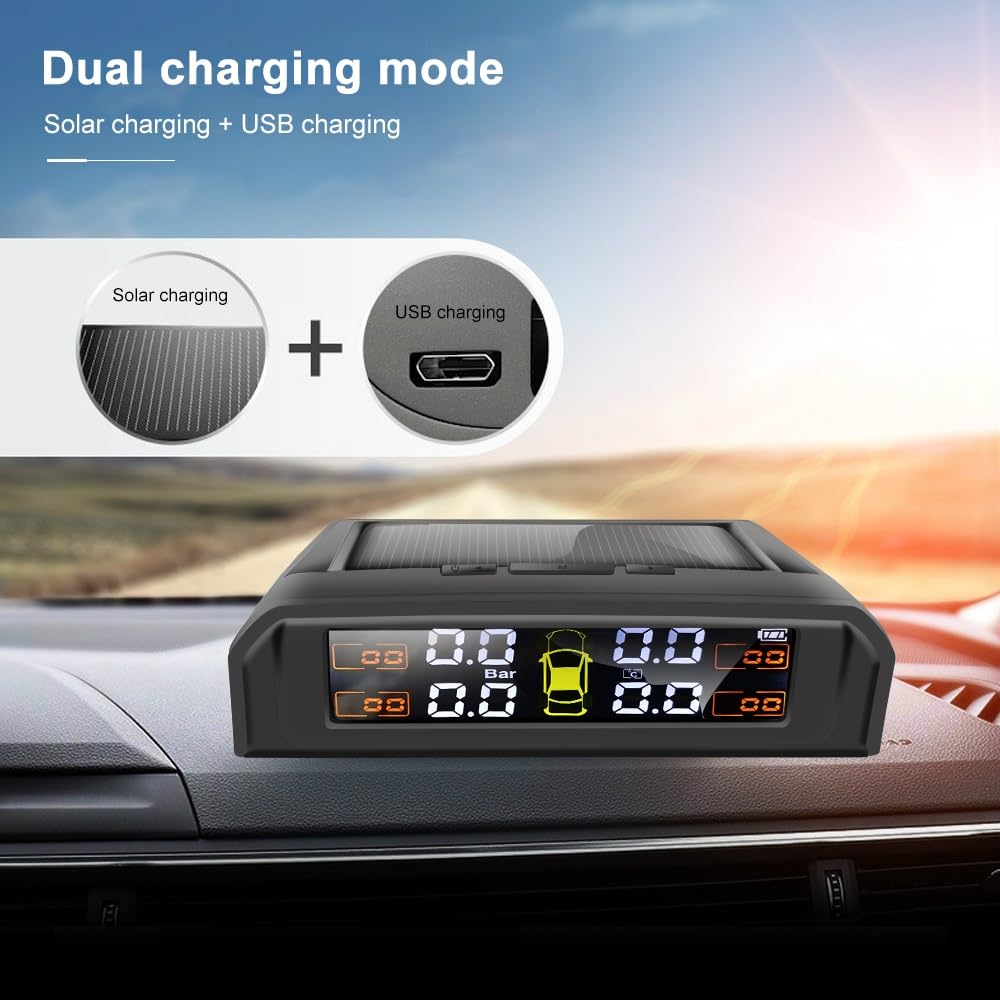 Tpms Sistema di monitoraggio della pressione dei pneumatici for auto a energia solare, allarme di sicurezza automatico, sensori di pressione dei pneumatici, sensore interno esterno a 4 ruote Pressione