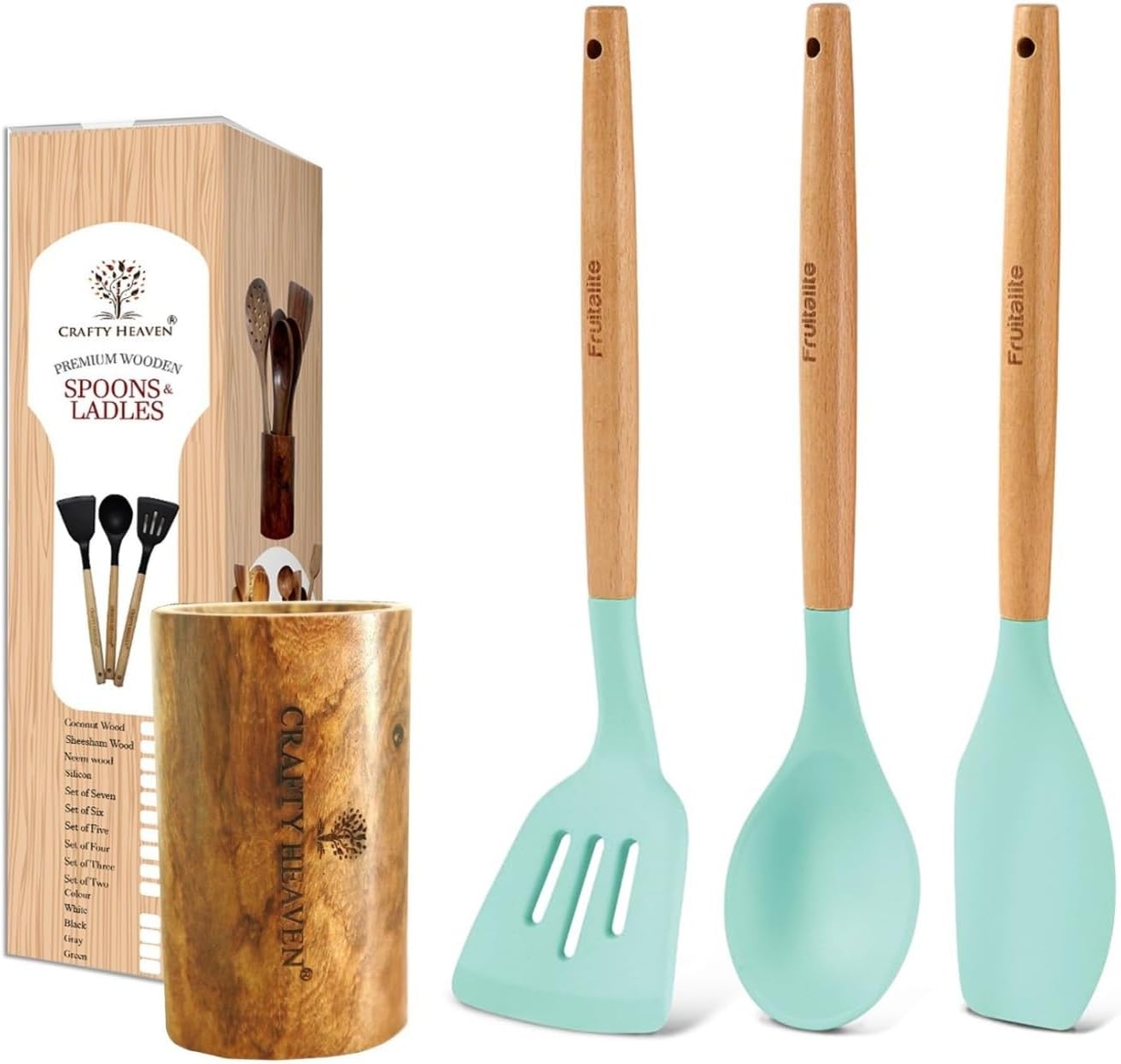 Wooden Handle Silicone Spatula Set with Spoon Holder for Kitchen BPA Free Non-Stick Non Toxic Palta Serving Cooking Spoon High Heet Resistant Set of 4 (Mint Green)