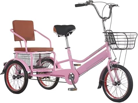 Elderly Tricycle,Adult Rickshaw Pedal Tricycle,Leisure Vehicle,16inch/20inch Tandem Trike with Rear seat,Sensitive Dual Brakes,Scooter Bike Pink 16 in