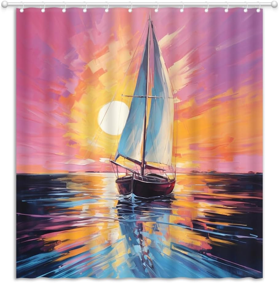 Nautical Shower Curtain Oil Painting Style Ocean Sailboat Sunrise Abstract Aesthetic Fabric Bathroom Curtain with Hooks