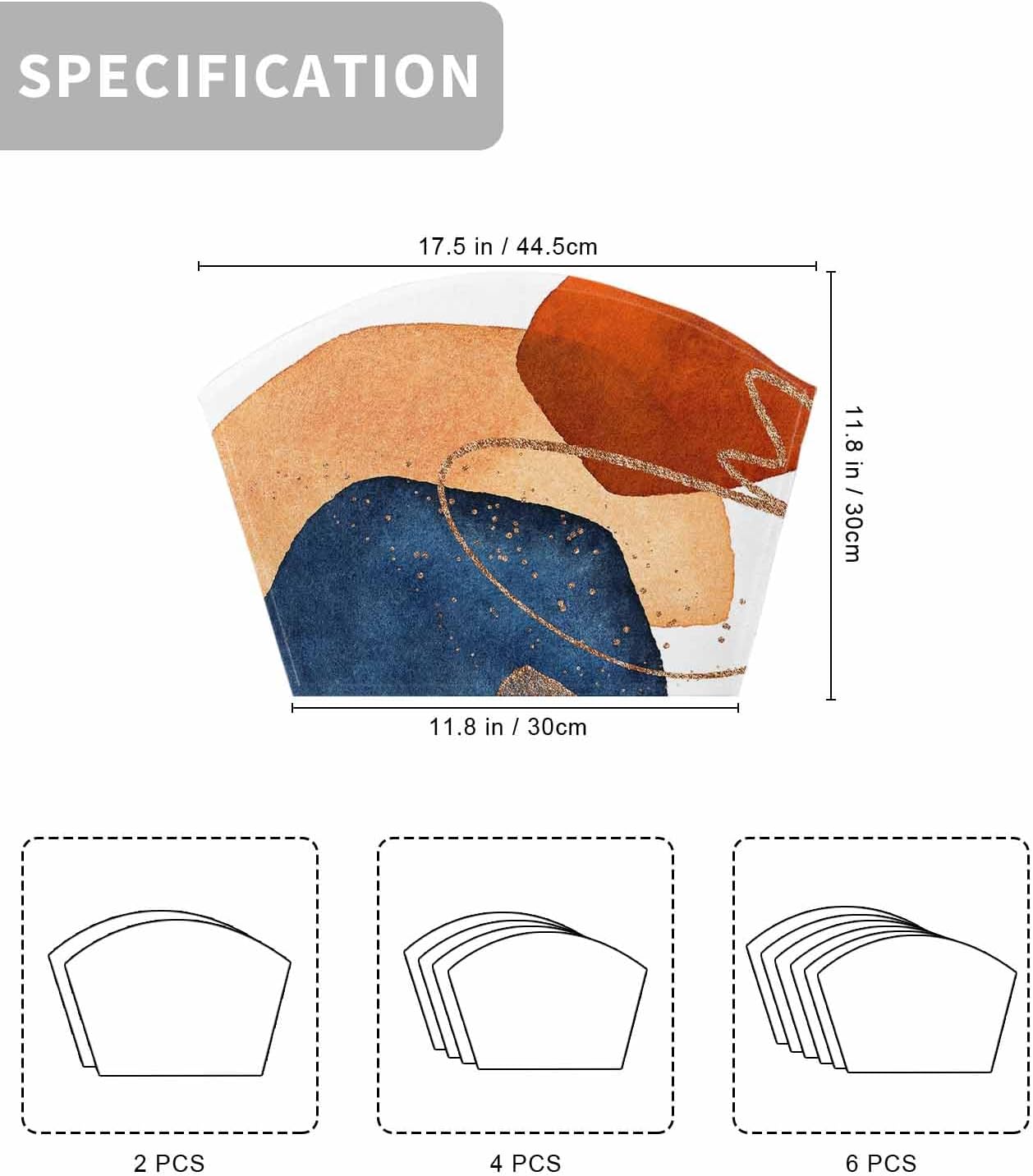 Round Table Placemats Set of 6,Mid Century Burnt Orange Terracotta Block Wedge Table Mat Washable Placemat,Abstract Geometric Navy Gold Edge Fan Shape Place Mats for Kitchen Indoor Outdoor