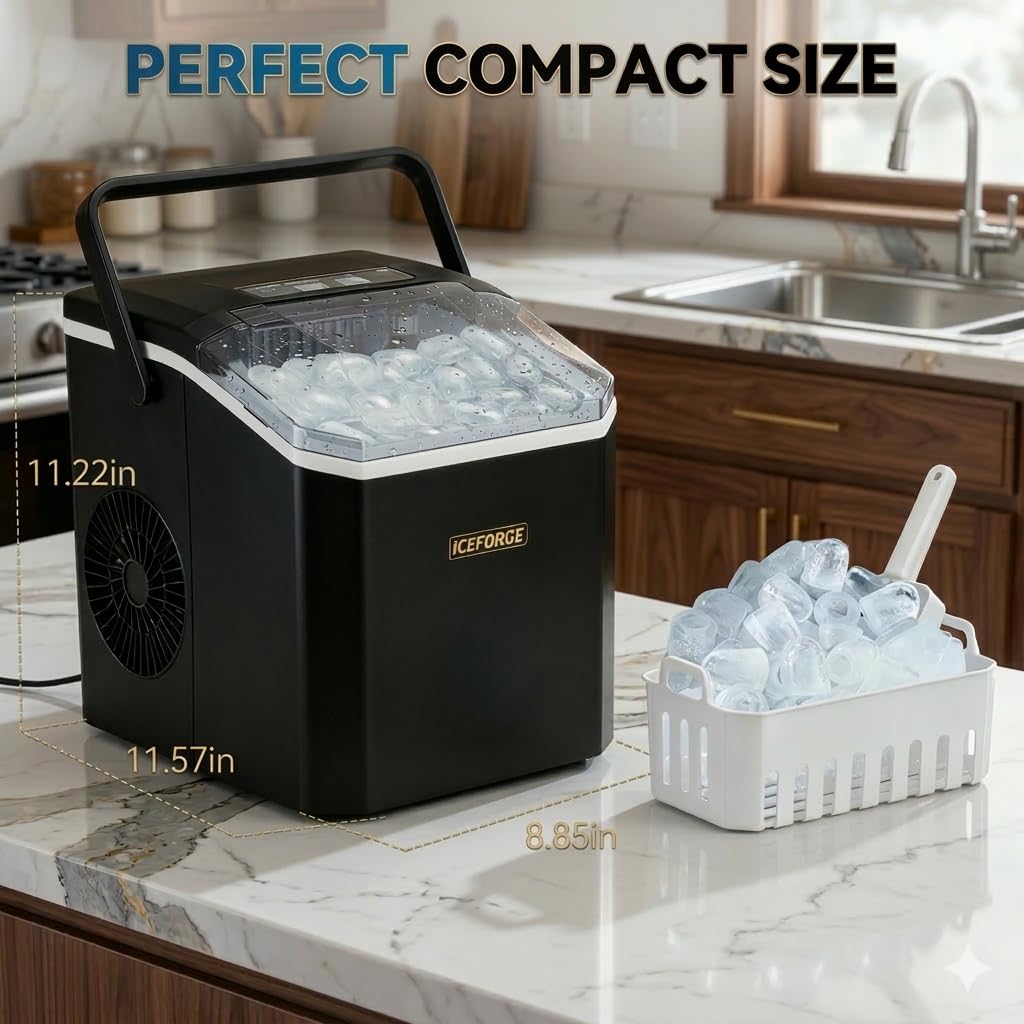 Countertop Ice Maker, Portable Ice Maker Machine, 6-Minute Fast Bullet Ice Maker with Self-Cleaning, Compact Ice Machine with Handle, Basket & Scoop for Kitchen, Home, Office, RV Camping