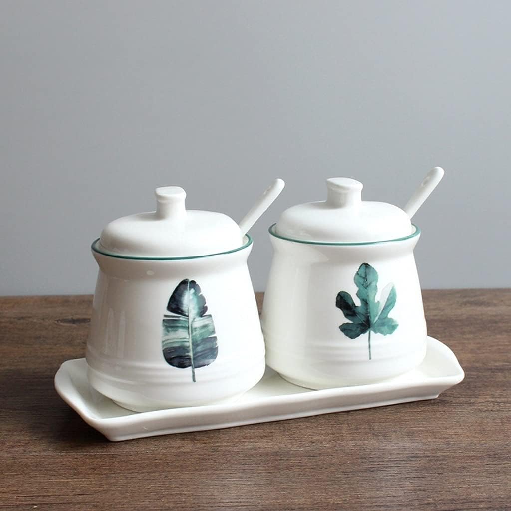 Seasoning Bottle Set 380ML（13oz） Ceramic Condiment Jar Spice Container with Lids, Serving Spoon and Tray, White, 3 Pcs Set Spice Bottle Set(B)