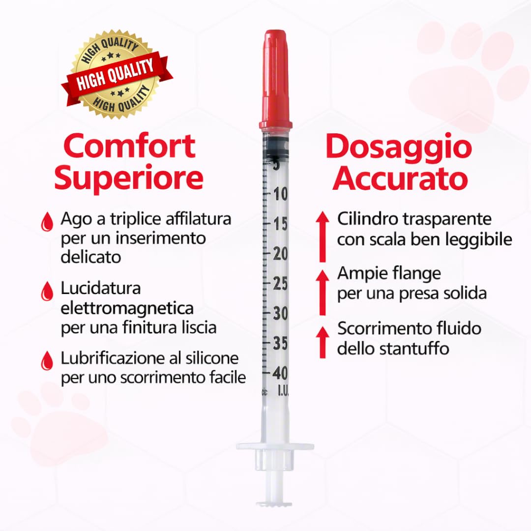 100 pezzi 1ml U40 Plastic Tube 29G x 1/2" (0,33 x 12,7 mm) – Confezionato singolarmente – Per la cura degli animali – Strumenti di misurazione e dosaggio multiuso precisi