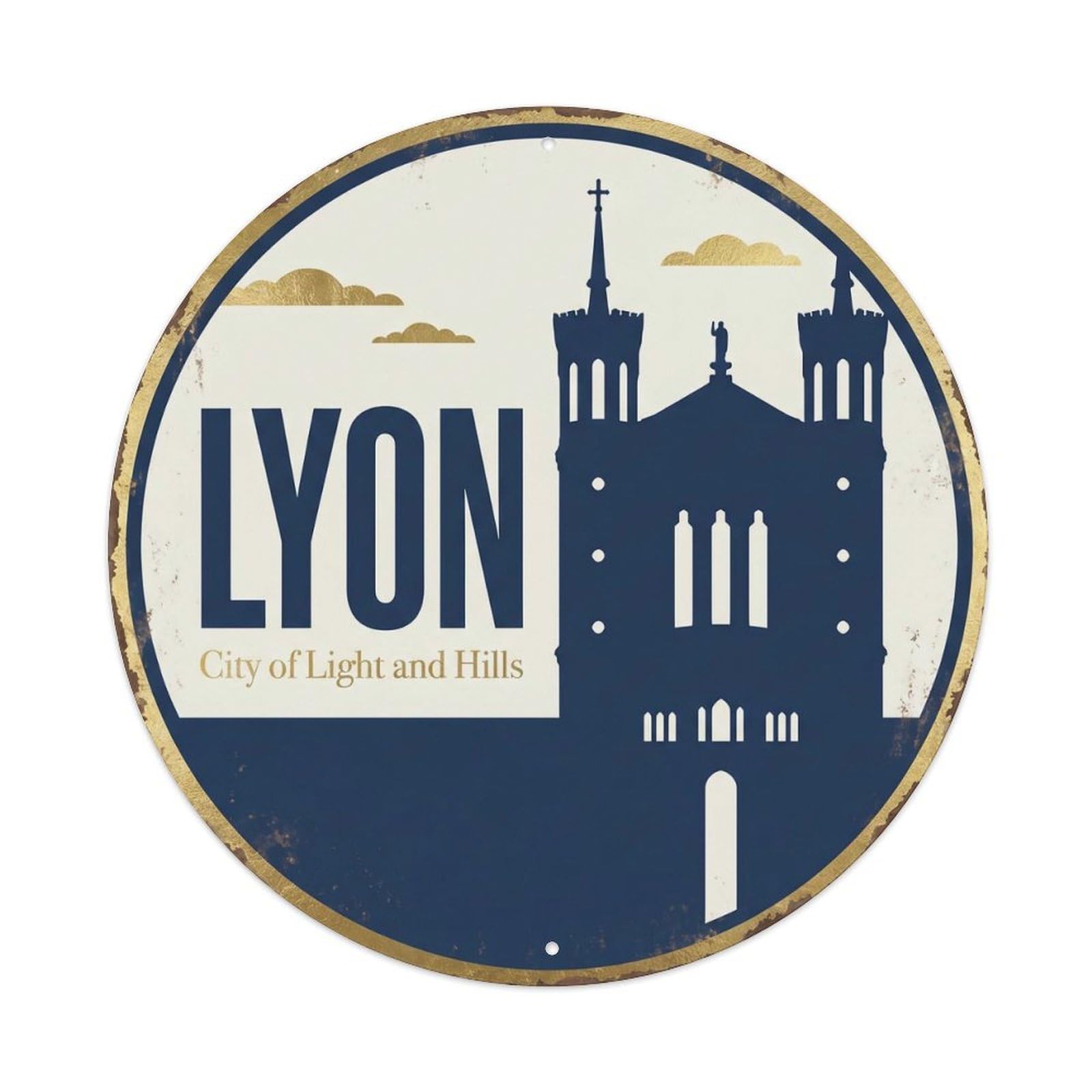 Yrnq Vintage Style Vintage Travel Lyon Basilica France Vintage Metal Tin Sign Plaque Wall Decor For Cafe, Club, Garden Round Metal Poster 8X8inch