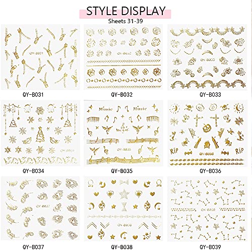 Zoance Gold Nail Art Stickers,30 Sheet Diffrent Style 3D Flower Butterflies Geometric Lines Self-Adhesive Nail Stickers, Nail Art Supplies For Nail Diy Decoration, Customized Adhesive Nail Accessories For Women French Nail Design #TOP3