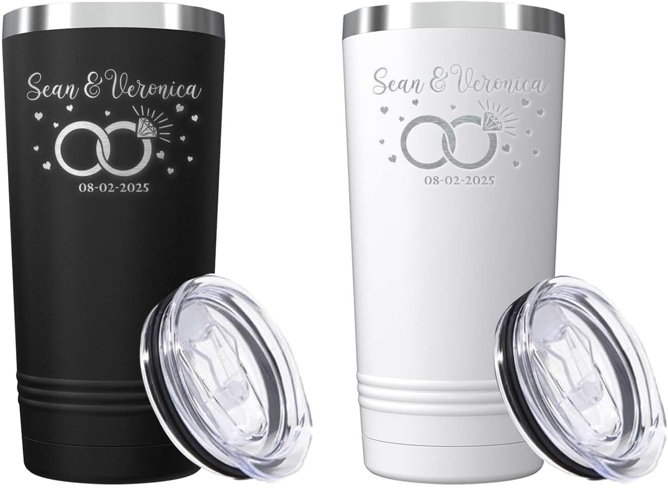 Set of 2 Custom Couples Names Date Infinity Rings Engraved Insulated Stainless Steel Tumbler with Lid 20 oz. Couples Wedding Gift (Black, White)