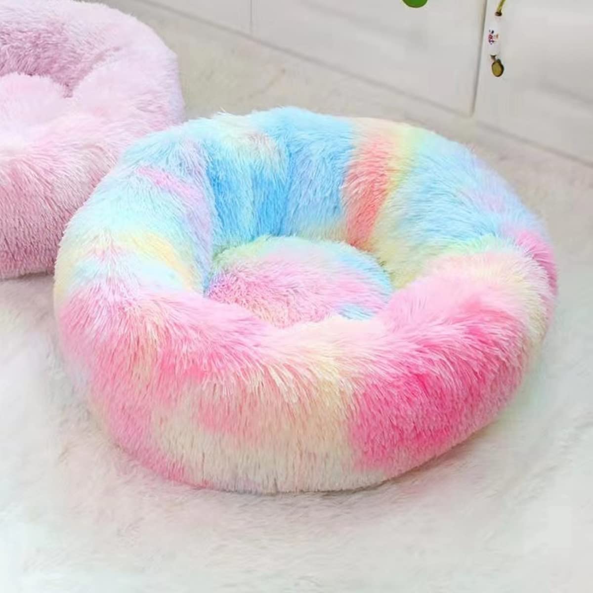 Calming Dog Bed & Cat Bed, Anti-Anxiety Donut Warming Cozy Soft Dog Round Bed, Fluffy Faux Plush Dog Cat Cushion Bed for large Small Medium Dogs and Cats diameter32in