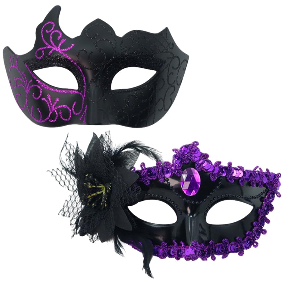 Masquerade Mask Set, 2PCS Venetian Mask for Men Women Masquerade Masks for Couples Party Half Face Carnival Masks Cosplay Costume Masque for Carnival Party,Fancy Dress Ball,Masked Ball(Purple)
