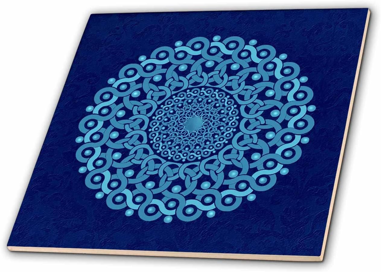 3dRose ct_32175_4 Turquoise and Cobalt Blue Fantasy Mandala on Royal Blue Muted Grunge Damask-Ceramic Tile, 12-Inch