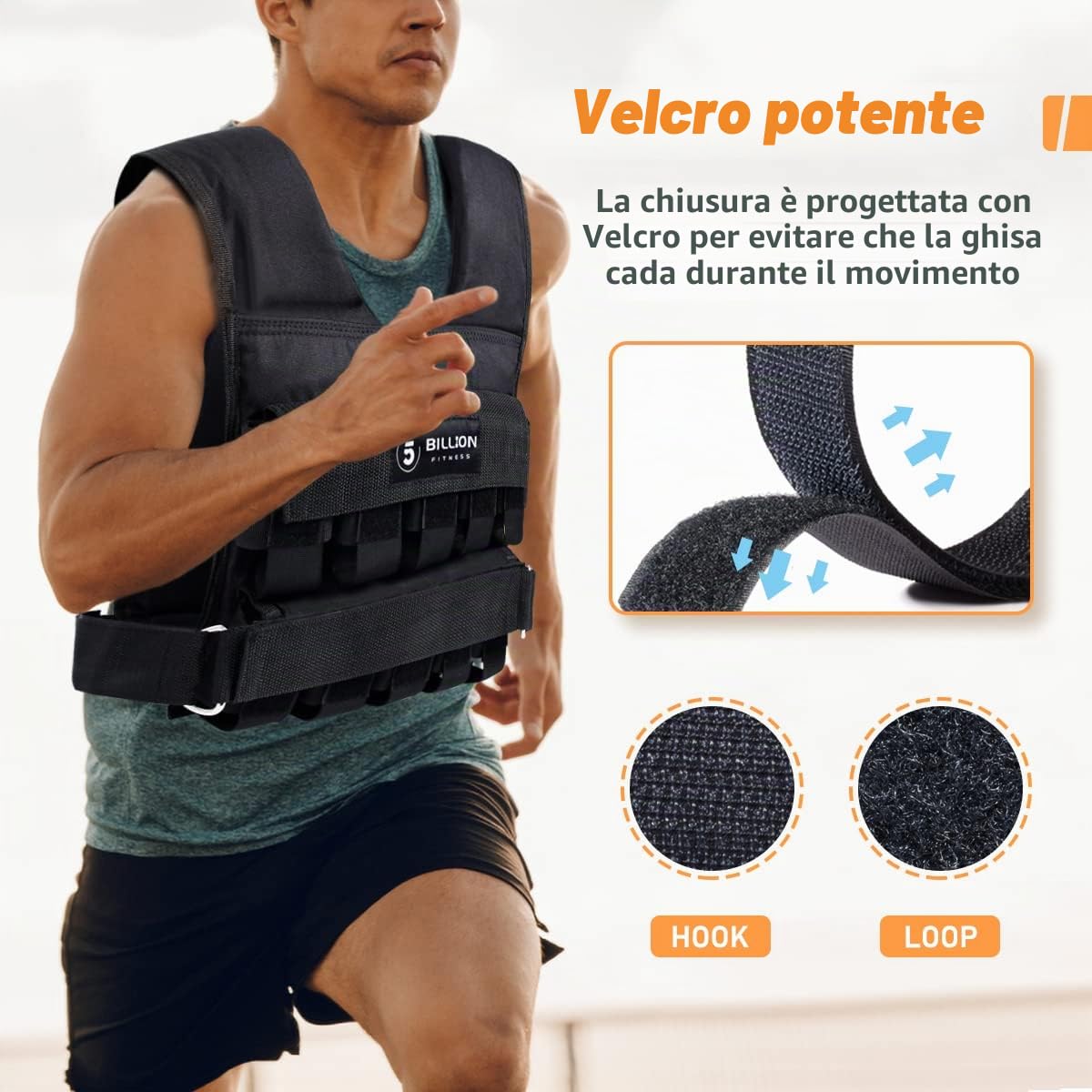 5BILLION FITNESS Giubbotto Zavorrato Pesi Monstervest Gewichtsweste von 1kg-20Kg Gewicht Training Krafttraining Herausnehmbare Übung Verstellbarem Nylongurt Mit Klettverschluss Schwarz