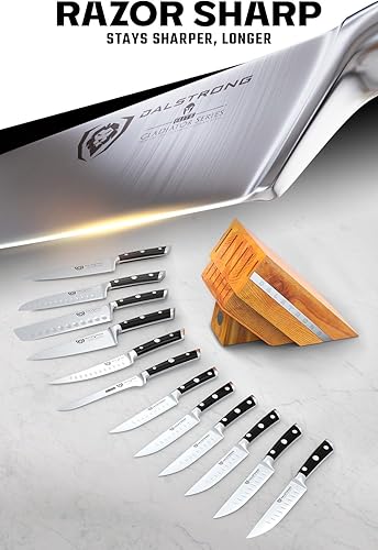 Miniatura 4 de DALSTRONG Juego de cuchillos de 12 piezas, serie Gladiator Elite, asas negras, acero alemán HC, bloque de madera de fresno de Manchuria hecho a